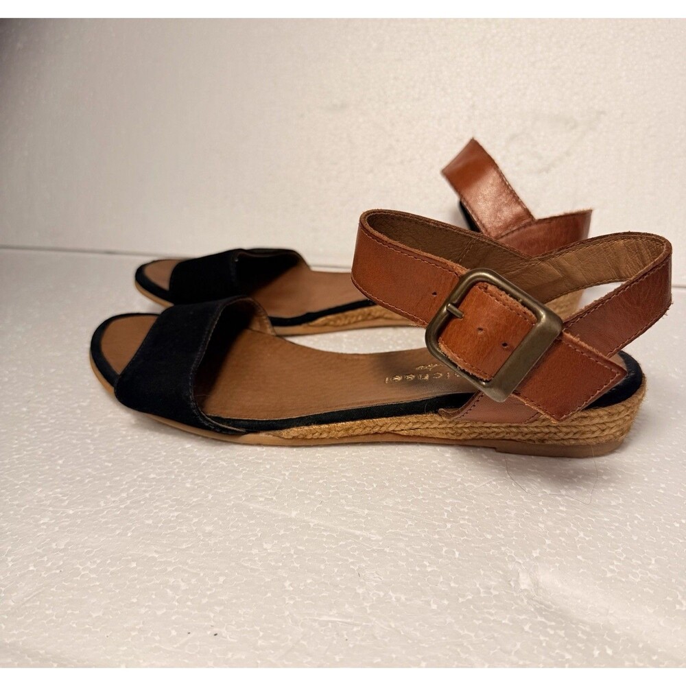 Eric Michael Lulu Leather Espadrille Sandals Black Tan Made in Spain Women 8-8.5